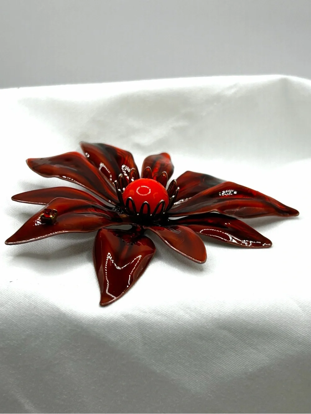 Vintage Flower Brooch Pin Metal Enamel Red Orange Swirl Retro 3.25
